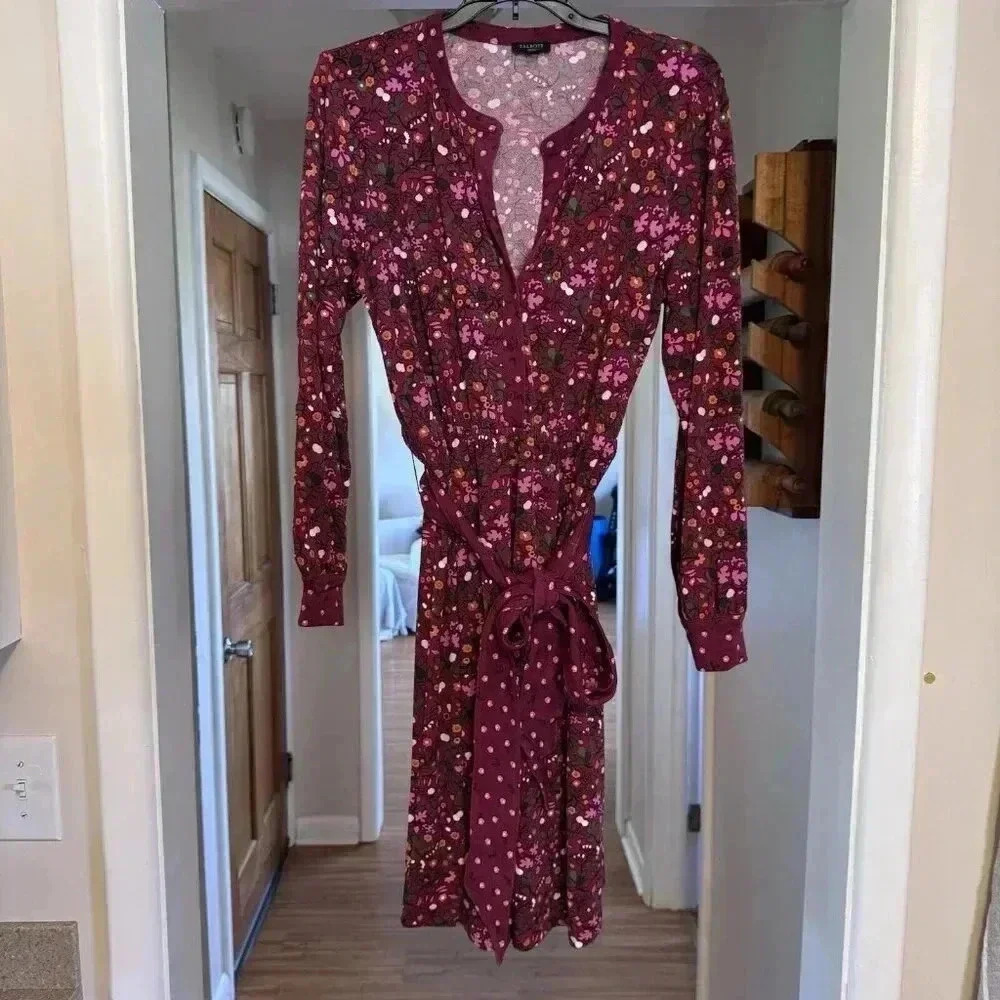 Talbots Women Midi Dress Med Petite V Neck Belted Tie Waist Long Sleeve Flower